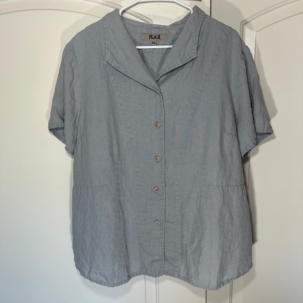 FLAX by Jeanne Engelhart Top Blouse 100% Linen Gray Women's‎ 2G Button Down